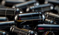 Black glossy capsules or pills in macro view showing pharmaceutical manufacturing quality, medical supplements arranged in rows with reflective surface.