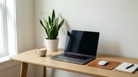 Minimalist home office workspace with laptop, coffee cup and snake plant on wooden desk by window. Clean modern setup for remote work and productivity.