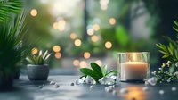 Serene spa atmosphere with glowing candle in glass holder, tropical plants, and decorative stones on table against blurred bokeh background.