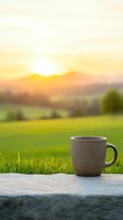 Gray ceramic coffee mug on stone surface against green meadow and mountain landscape at golden sunset, creating peaceful morning atmosphere for wellness concepts.