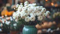 White ranunculus flowers in green ceramic vase on wooden table with warm bokeh lights background for home decor and floral arrangements.
