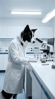 Border collie dog wearing white lab coat using microscope in modern laboratory for scientific research and veterinary medicine concepts.