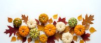 Autumn harvest arrangement with colorful pumpkins, gourds and fall leaves on white background for seasonal decorating and holiday design projects.