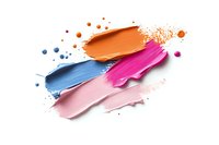 Colorful cosmetic smears of liquid foundation, lipstick and cream products with powder splashes on white background, makeup artist professional swatches.