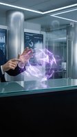 Businessperson interacting with glowing purple holographic globe in modern office, representing global connectivity, digital transformation, and future technology solutions.