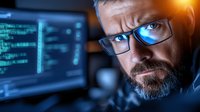 Mature bearded male programmer in glasses working late at computer screen with code reflection, focused on cybersecurity threat detection in dark office.