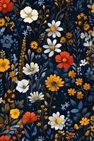 Enchanting floral seamless pattern featuring white daisies, orange poppies, and yellow wildflowers on deep navy background. Perfect for fabric, wallpaper, and surface design projects.