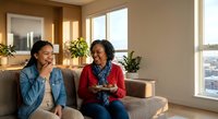 Two African American women sitting on couch having friendly conversation in bright modern living room with plants and natural light streaming through windows.