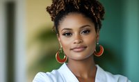 Young African American woman with natural curly hair updo wearing white blouse and red hoop earrings smiling confidently against blurred turquoise background.