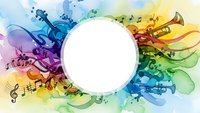 Colorful watercolor music background with musical notes, instruments and white circle frame for text or logo design on transparent backdrop.