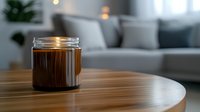 Glowing amber candle in glass jar on wooden table creates cozy atmosphere in modern living room with gray sofa and soft pillows in background.