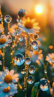 Daisies with morning dew drops reflecting sunrise light, creating magical bokeh effect and crystal spheres on petals and stems in golden hour atmosphere.