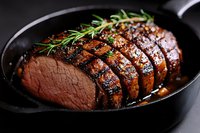 Juicy grilled beef tenderloin sliced and served in cast iron pan with fresh rosemary sprigs and caramelized glaze, showing perfect medium rare doneness.