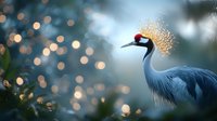 Majestic crowned crane against blurred bokeh background with glowing sparkles and magical lighting effects creating dreamy nature atmosphere.