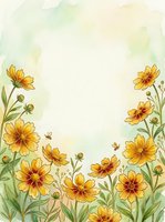 Watercolor yellow wildflowers and bees frame with soft green background and copy space for greeting cards and invitations.