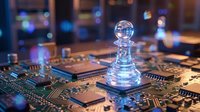Transparent glass chess pawn piece on computer circuit board with glowing lights representing artificial intelligence and strategic technology concepts.