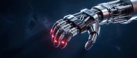 Futuristic robotic hand with glowing red fingertips reaching forward against dark background. Advanced cybernetic prosthetic arm with metallic chrome finish.