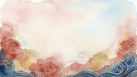 Watercolor Asian-inspired landscape with red peonies, golden clouds, and flowing blue waves on isolated white background, suitable for design projects.