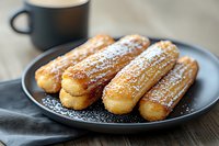 Fresh baked French eclairs dusted with powdered sugar served on dark plate with coffee cup in background, close up view of sweet pastry dessert.