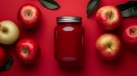 Fresh red and yellow apples arranged around glass jar with homemade juice or smoothie on vibrant red background. Green leaves add natural accent.