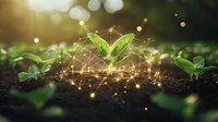 Young green sprouts growing from soil with glowing network of light connections, representing growth, innovation and environmental technology in agriculture.