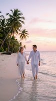 Romantic couple walking hand in hand on tropical beach at sunset with palm trees and pink sky for vacation and honeymoon concepts.