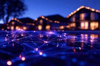 Glowing network connections illuminate dark neighborhood with houses decorated in holiday lights creating magical evening atmosphere with bokeh effect and blue technology mesh.