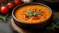 Creamy orange pumpkin or tomato soup garnished with fresh herbs, black sesame seeds and red bell pepper in rustic ceramic bowl on wooden board.