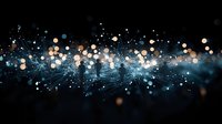 Glowing blue and gold bokeh lights with connecting lines creating magical network effect against dark background, abstract defocused illumination pattern.