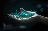 Hands holding holographic digital mountain landscape with glowing cyan data visualization and futuristic technology interface elements.