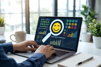Professional working on laptop displaying customer satisfaction analytics dashboard with yellow smiley face emoji and colorful data visualization charts.