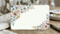 Floral decorated blank card with watercolor roses and eucalyptus leaves in soft mauve and blue tones, suitable for invitations, greetings, and stationery design projects.