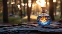 Ornate glass potion bottle with magical glowing light inside against blurred forest background at sunset, mystical fantasy atmosphere on wooden surface.