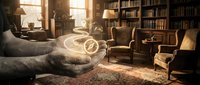 Hands holding glowing compass in cozy library with leather chairs and bookshelves, warm sunlight streaming through windows creating magical atmosphere.
