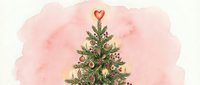Decorated evergreen tree with gold heart topper and ornaments on soft pink watercolor background, isolated for holiday designs and festive projects.