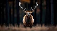 Majestic red deer stag with large antlers standing in misty forest at dawn, dramatic wildlife portrait against dark woodland background.