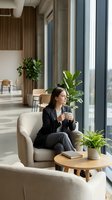 Young professional businesswoman in suit relaxing with coffee in modern office lounge area with plants and natural light for workplace wellness concepts.