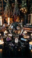 Crystal ball surrounded by healing crystals, candles and mystical items on dark wooden table creating magical fortune telling atmosphere for spiritual practices.