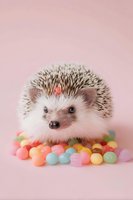 Adorable hedgehog surrounded by colorful candy balls on soft pink background for sweet pet photography and spring celebration designs.