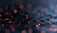 Glowing hexagonal molecular structure with orange bokeh lights on dark blue background creates futuristic scientific atmosphere for technology concepts.
