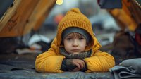 Young child in bright yellow winter jacket and knit beanie lying down outdoors during cold weather, creating moody atmospheric portrait perfect for seasonal advertising and lifestyle design.