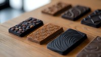 Artisanal chocolate bars with geometric patterns and textures displayed on wooden surface, featuring dark chocolate and intricate surface designs for confectionery.