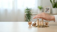 Hand protecting wooden family figures with security shield and house symbols on white desk representing life insurance and family protection services.