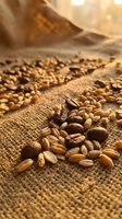 Roasted cacao beans scattered on burlap fabric with warm sunlight, suitable for chocolate production, food industry, and agricultural marketing materials.