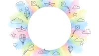 Colorful pastel frame with doodle icons including paper boats, kites, hot air balloons, clouds and stars on rainbow watercolor background.