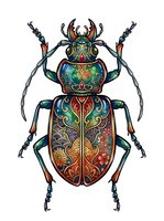 Ornate beetle with intricate decorative patterns in jewel tones, featuring elaborate mandala-style designs across its segmented body, isolated on white background for design applications.