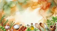 Watercolor cooking ingredients and kitchen utensils arranged on aged paper background, featuring fresh vegetables, herbs, oil, and wooden tools for culinary design projects.