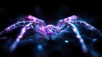 Glowing digital spider silhouette with neon purple and blue light effects against dark background creates futuristic technological art concept.