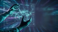 Hands holding glowing energy sphere with light trails in futuristic digital environment for technology and innovation concepts.