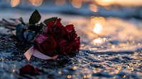 Red roses with water drops lying on wet surface at sunset, romantic bokeh background creates dreamy atmosphere for Valentine's day cards and romantic designs.